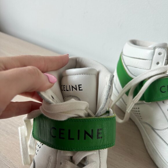 Celine CT-03 High Top Sneakers Sz 37 Optic White & Green Calfskin Leather - Picture 6 of 14